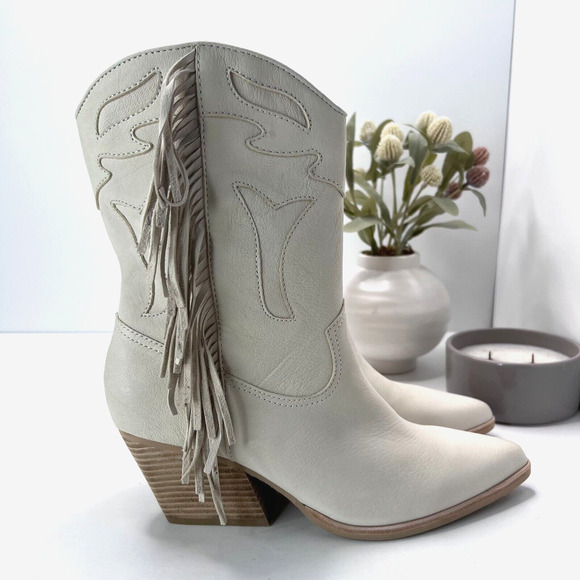 Dolce Vita Liona Leather Western Fringe Ankle Boots Pull On Cream Women's 10 NWD - Picture 1 of 9